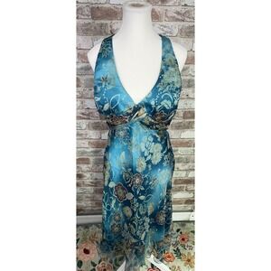Cache Y2K Silk Midi Bejeweled Halter Dress Aqua Blue Women's Sz 10